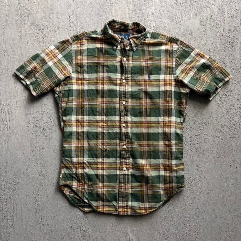 Vintage Polo Ralph Lauren Button Up Shirt Small Green Plaid 1990s Short Sleeve